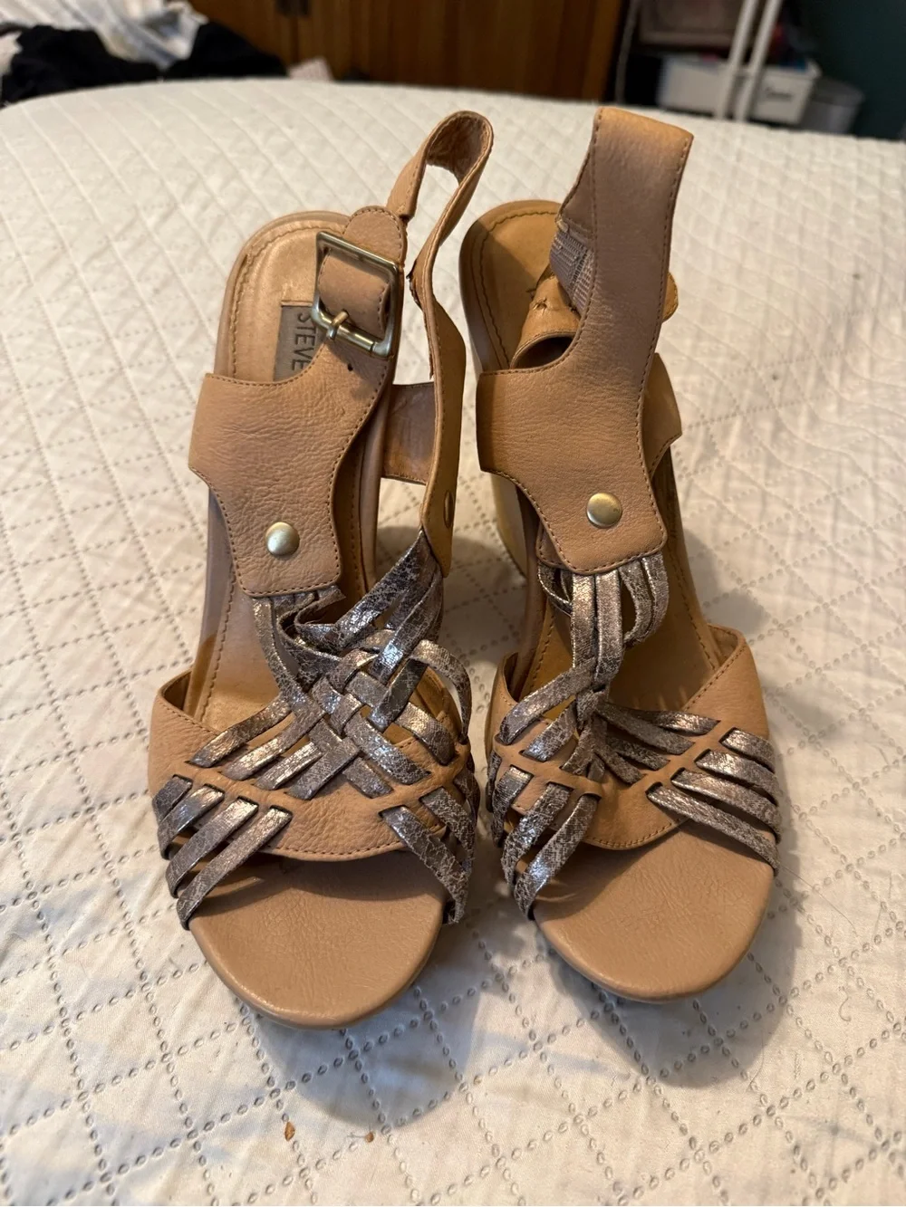 Steve Madden Tan Wedge Sandals with Braided Straps Y2K from the early 2000’s